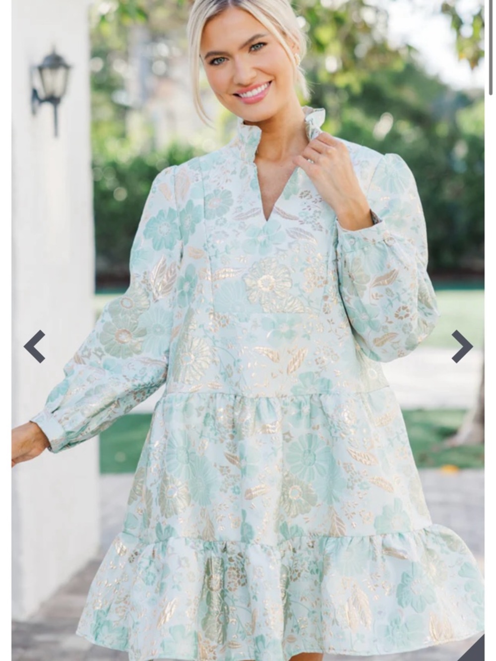 Shop The Mint 
Light Mint Floral Tiered Dress with Gold Accents
NWT